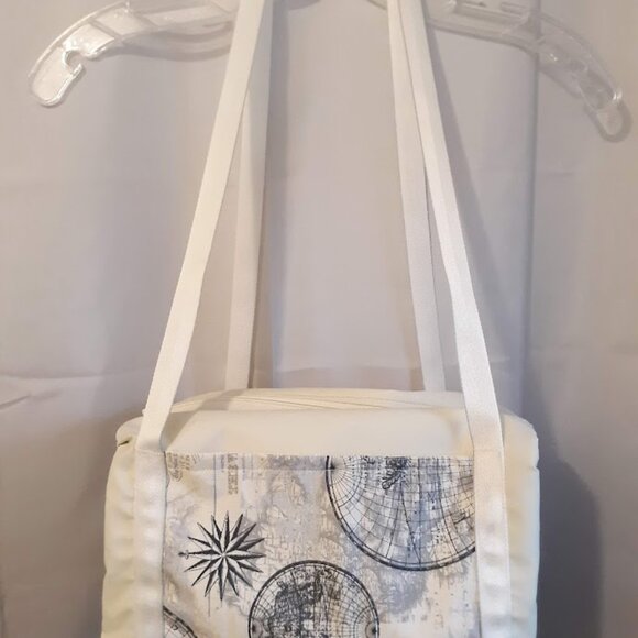New Vinyl World Globe Compass Mini Duffle Tote Travel Bag Ivory gray Modern purs - Picture 2 of 9